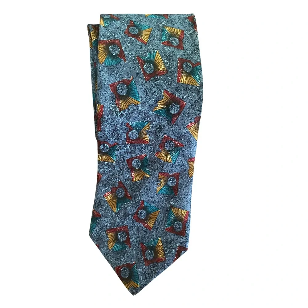 Secours Mens‎ Silk Tie Blue Geometric Abstract Red Gold Teal Hand Made in Italy
